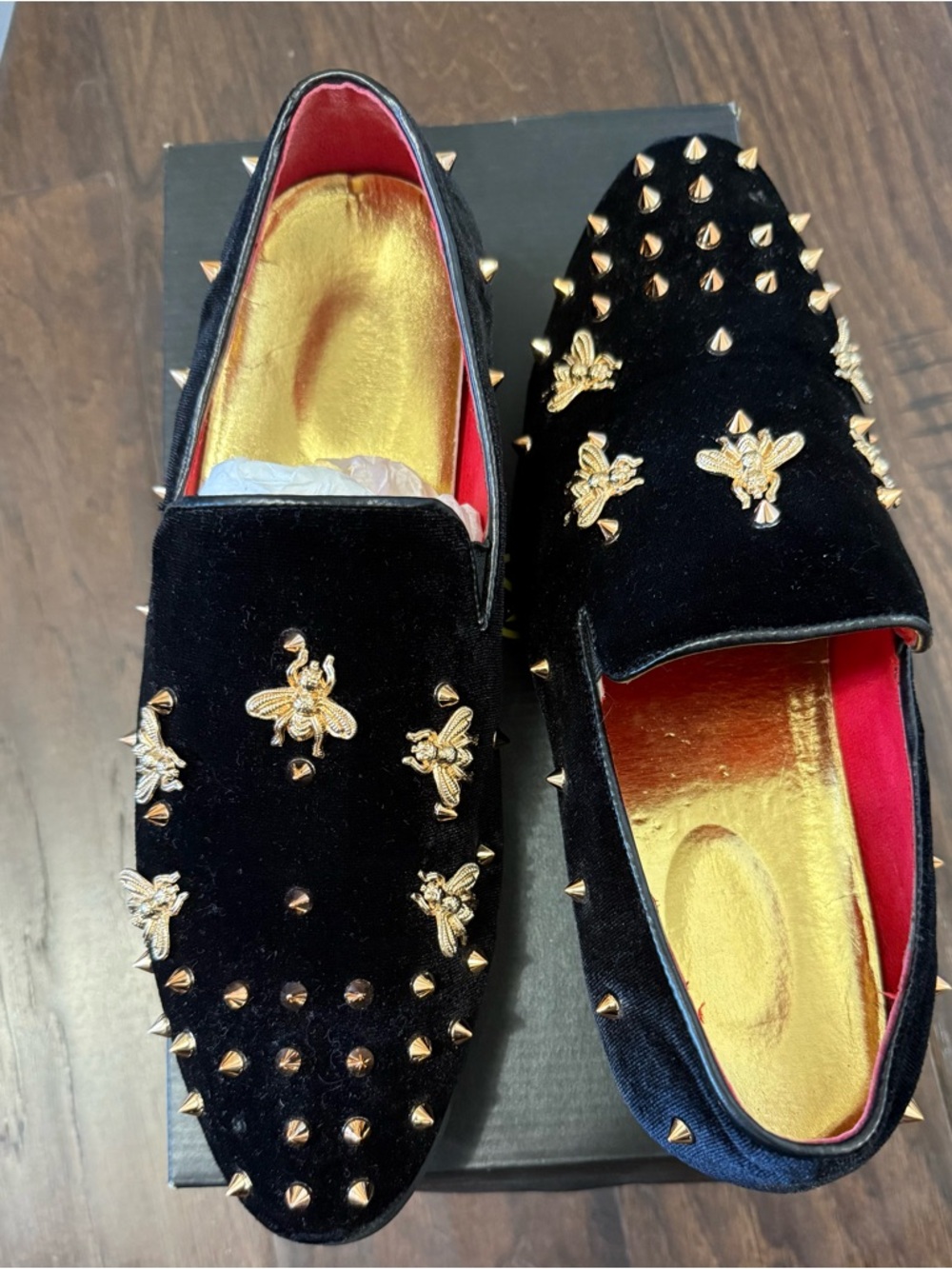 Black Velvet Slip-On Loafers with Gold Bee Embellishments